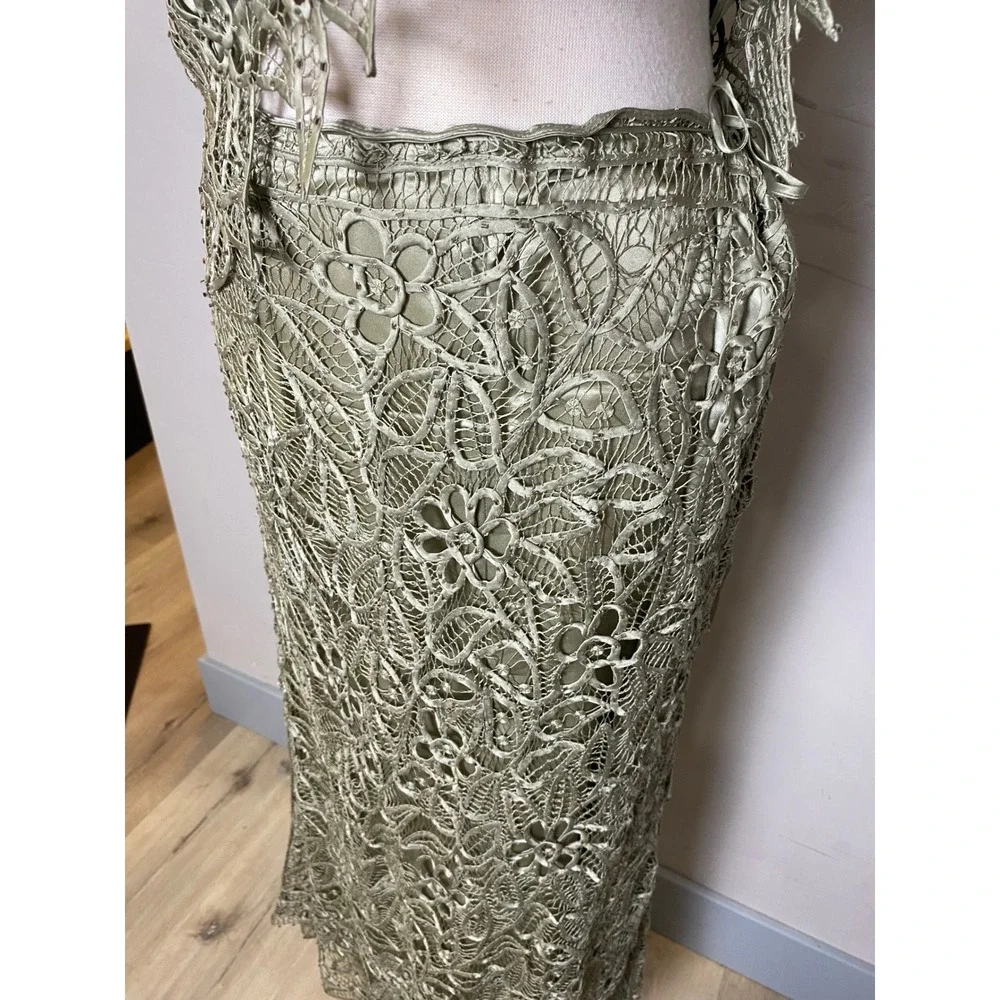 Vintage 90s Y2K Silk 3 Piece Set Lace Beaded Blouse Tank Skirt Sage Green Formal
